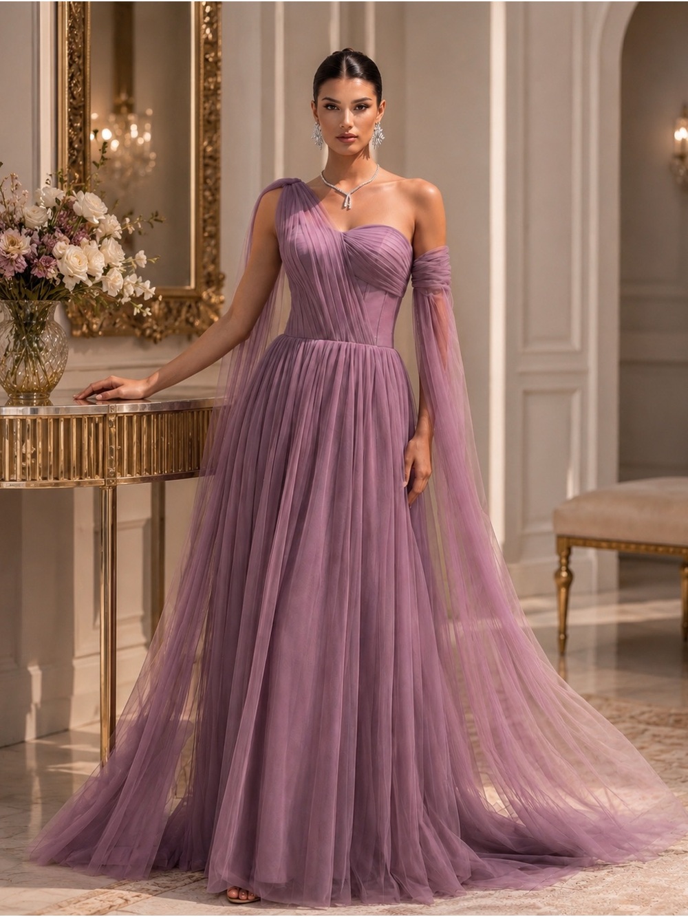 Elegant One-Shoulder Lavender Evening Gown